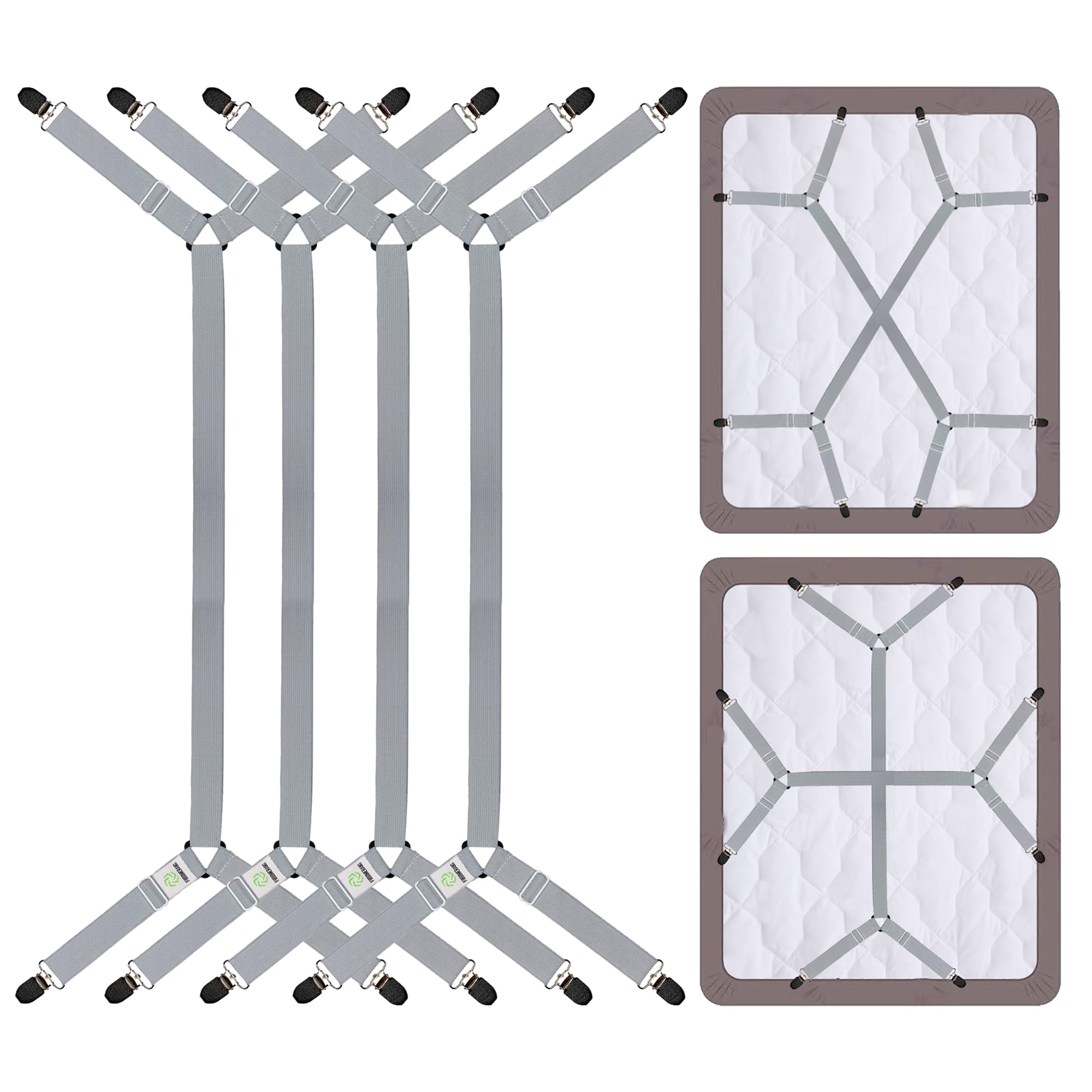 FIBOOMERANG Bed Sheet Clips - Crisscross Fitted Sheet Straps for Bedding, Sheet Grippers and Sheet Holder Elastic Bands Bedsheet Suspenders Fasteners, 4Pcs/Set Gray