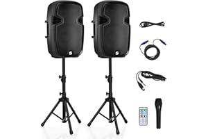 Costzon 2-Way Powered PA Speakers System Combo Set, 12" 1600W Portable Dual Passive Active Speaker with 2 Speaker Stands, Blu