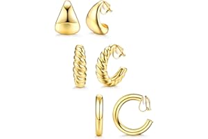 BESTEEL 3Pairs Clip on Earrings for Women Trendy Hypoallergenic 14K Gold Plated Chunky Tube Croissant Waterdrop Clip-on Hoop Earrings Set Fake Jewelry Non Pierced Ears