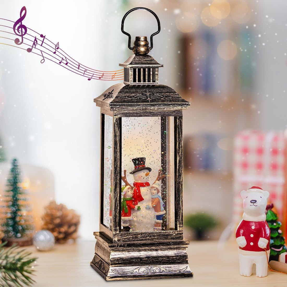 Snow Globes - GOOSH Christmas Snow Globe Lantern with LED Swirling Water Glitter Retro Snowman with Kids Xmas Musical Lantern Decoration with Projector Light and 6H Timer for Christmas Home Décor and Gifts