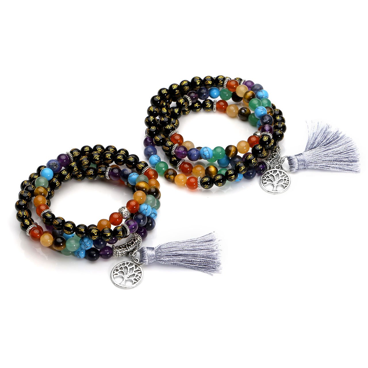 MANIFO 7 Chakra Buddhist Prayer Mala Beads Mantra Om Mani Padme Hum 108 Meditation Healing Multilayer Bracelet/Necklace Tree Life Pendant Tassel Charm
