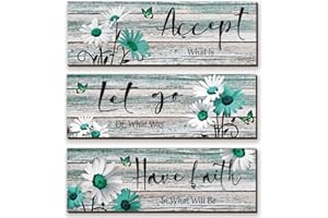 ZINYAZHE 3 Pcs Farmhouse Bathroom Wall Decor Teal Daisy Floral Flowers and Turquoise Butterfly Bathroom Wall Art Accept Let Go Have Faith Positive Rustic Wood Plaque for Home Laundry (Teal,12 x 4Inch)