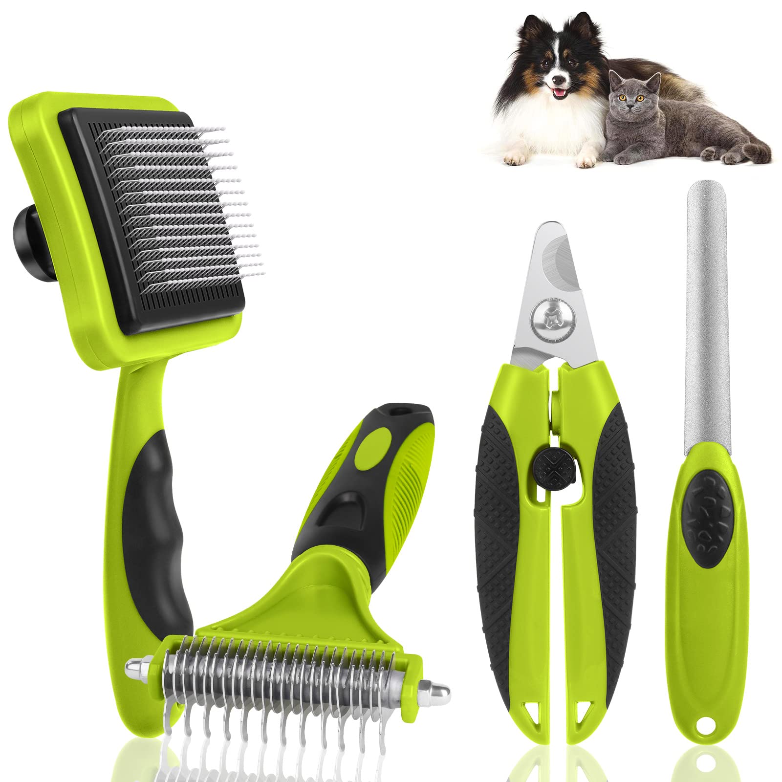 vsshe Grooming Dematting Comb Tool Kit 4 Pack Self Cleaning Dog Brush Cat Brush Grooming Comb Kit, Cat Dog Nail Clippers with Nail File Professional Pet Hair Removal Goomings, Massage, Cleaning, Green