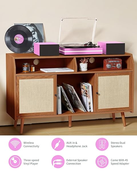 VINYL RECORD PLAYER WITH TWO EXTERNAL SPEAKERS BELT-DRIVE TURNTABLES FOR VINYLS RECORDS DUAL STEREO SPEAKERS LP PLAYERS 3 SPEED FULL SIZE WIRELESS AUX-IN HEADPHONE AUTO STOP PINK