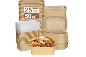 Hokimder 50 Pack 25oz Compostable Take Out Paper Food Cardboard Containers with Lids, Disposable Kraft Paper to Go Boxs, Microwave and Freezer Storage Safe for Salad, Leftovers, Soup, Snack-750ml