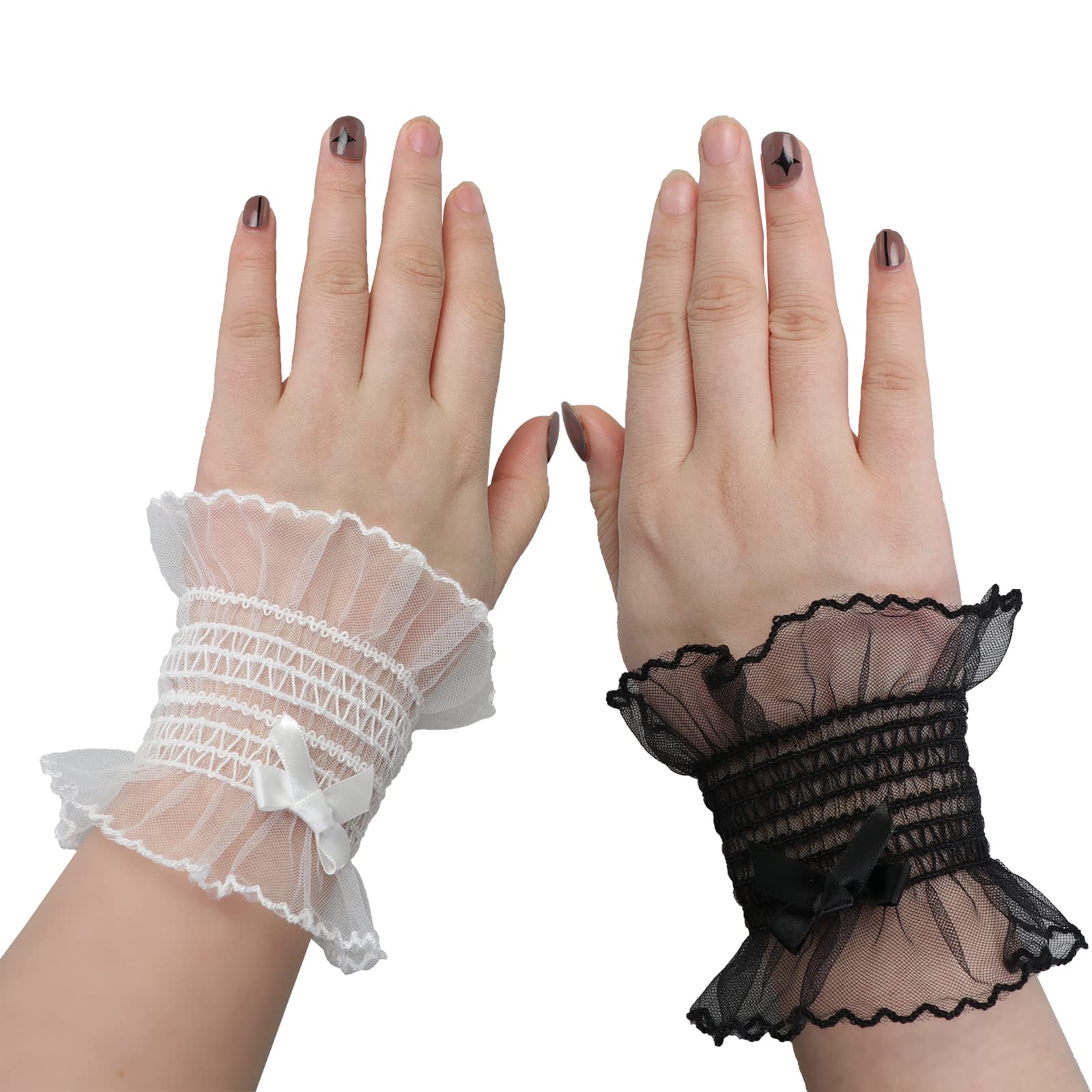 JK Home 2 Pairs Detachable Fake Sleeve Cuffs Gloves Bracelet Women's Vintage Elastic Lace Pleated Horn Cuffs Shirt Sweater False Sleeves Ruffles Wrist Cuffs A