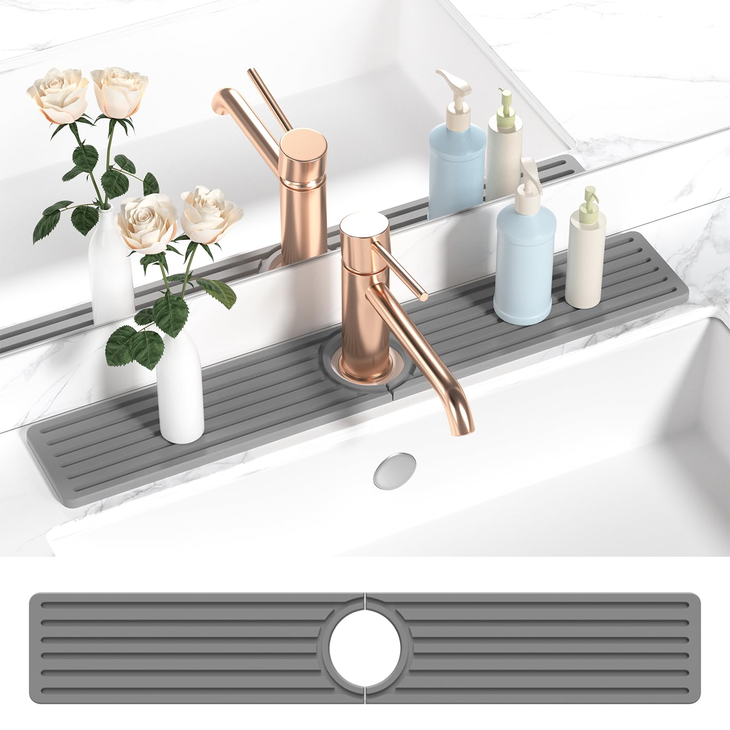 Photo 1 of Welebar Diatomite Faucet Mat for Kitchen Sink with Raised Pads & Cleaning Brush, Super Absorbent Fast Drying Stone Sink Tray, Splash Guard Protector Mat for Bathroom Counter (Gray, 23.6" x 3.9")