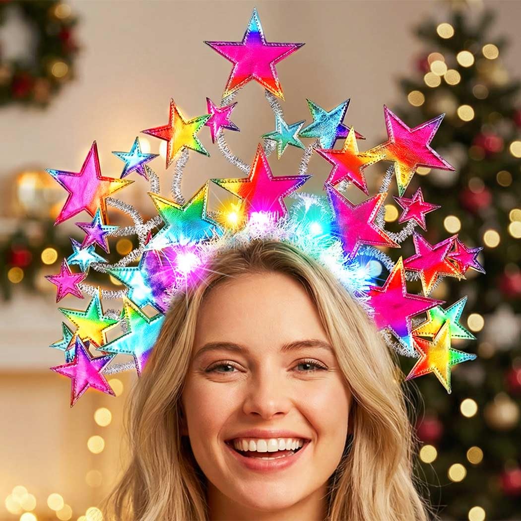 Vakkery Light Up Star Headband Christmas Headbands Glitter Party Rave Hair Accessories for Women