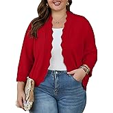 OLRIK Plus Size Cardigan for Women 3/4 Sleeve Lightweight Casual Open-Front Ribbed Wave Edges Knit Cropped Shrugs Sweaters