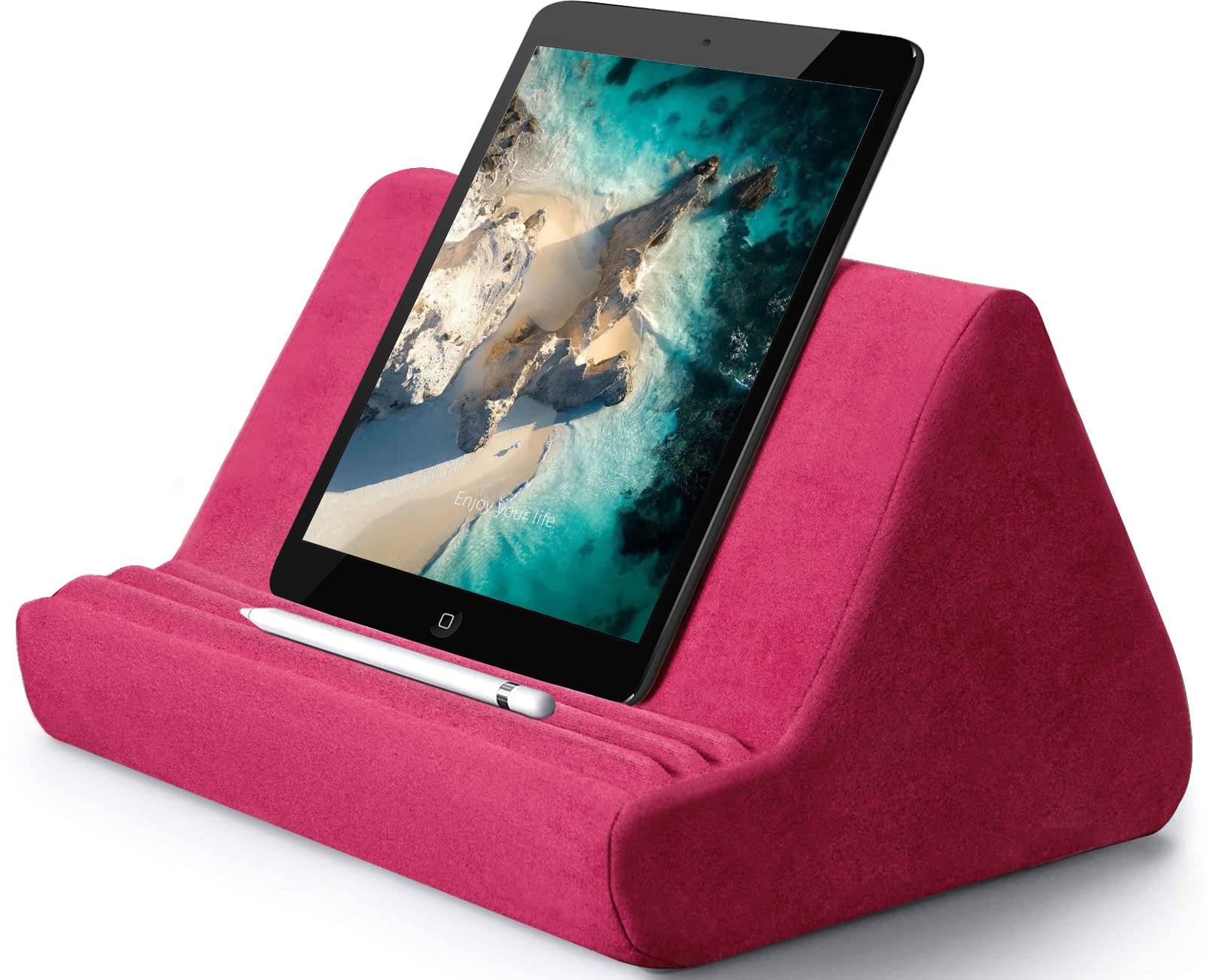 Transplant Soft Tablet Stand Pillow with Pocket, Multi-Angle Book Holder for Reading, Fit iPad Cushion Bed, Couch Accessories Pad/E-Reader/Phone (Rose Red)