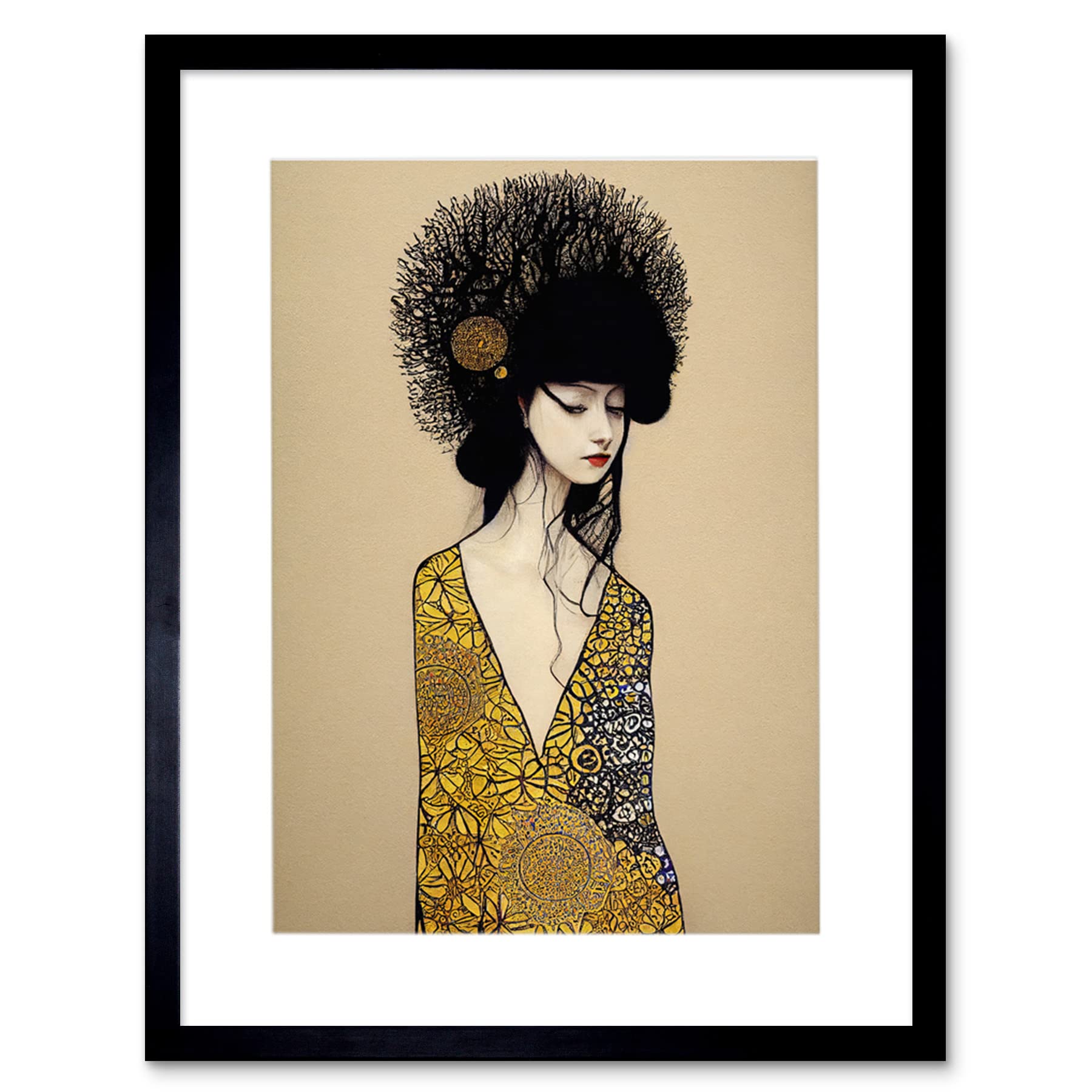 Wee Blue Coo Golden Geisha Girl Abstract Elegant Painting Artwork Framed Wall Art Print 12X16 Inch