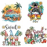 Summer Iron on Transfer Patches - 4Pcs DTF Transfer Ready to Press Beach Vacation Theme Iron on Appliques Sweet Summer Vibes Dwarf Coconut Tree Heat Transfer Vinyl Decals for DIY Clothes Jeans Bags