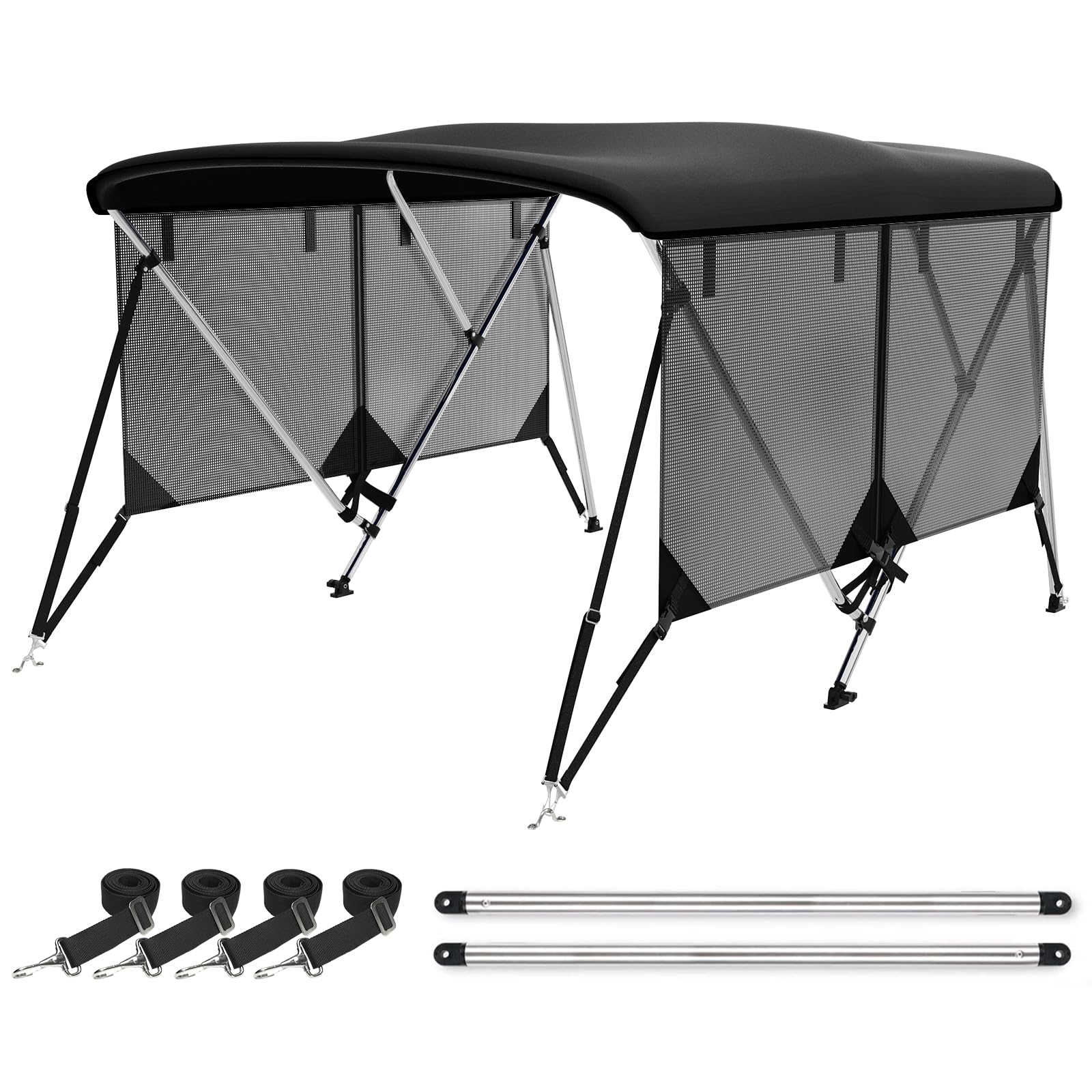 Photo 1 of **MISSING POLES** Leader Accessories 3 Bow 4 Bow Bimini Top Cover for Boat with Mesh Sidewalls Includes 4 Straps 2 Rear Support Poles Storage Boot 1" Aluminum Frame (Black, 3 Bow 73"-78" W)