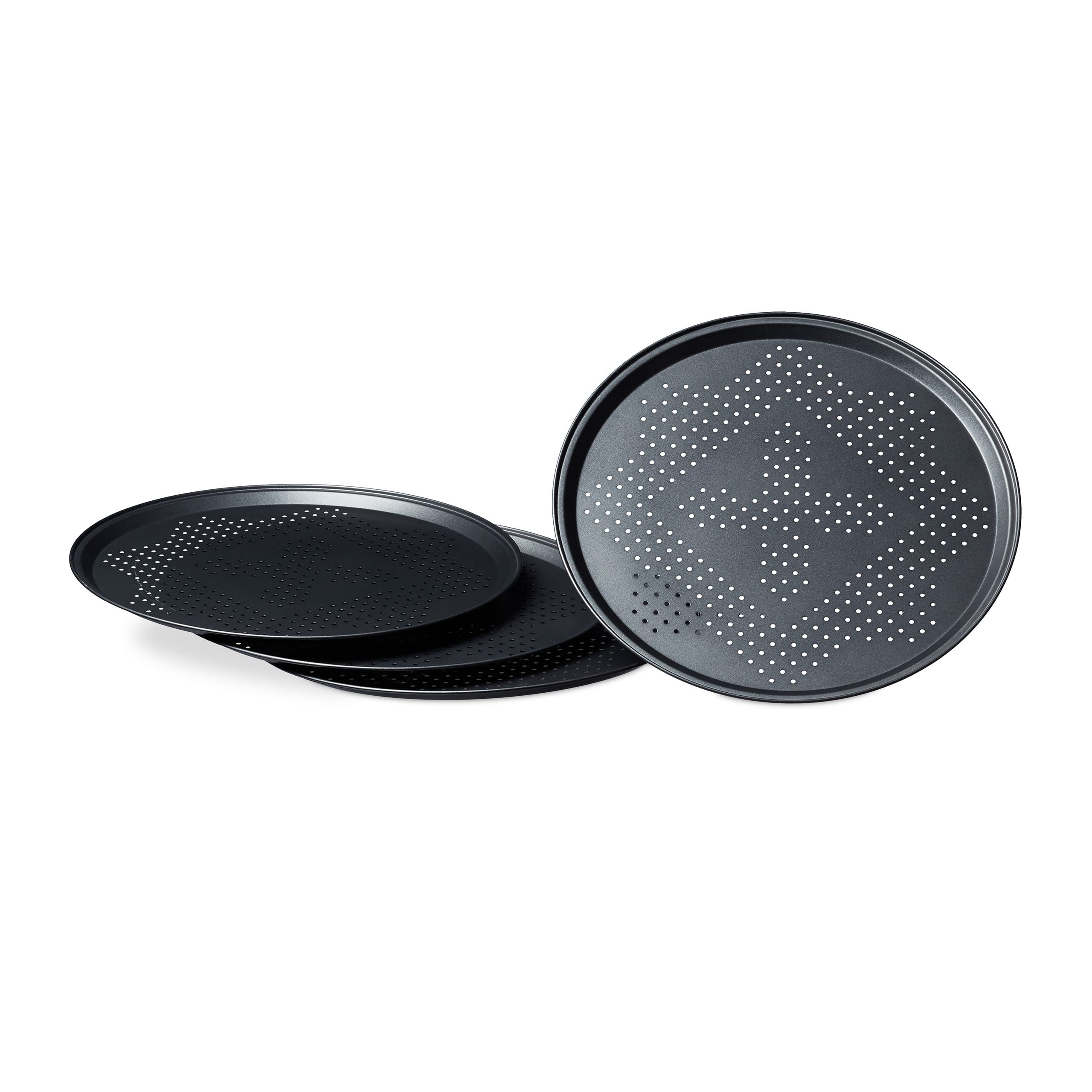 Relaxdays Pizza Pans with Perforations Set Round Pizza Baking Trays with Large Inner Diameter of 29 cm Tray for Pizza and Tarte Flambee Pizza Baking Set 4 Piece Set w/ Non-Stick Coating, Gray