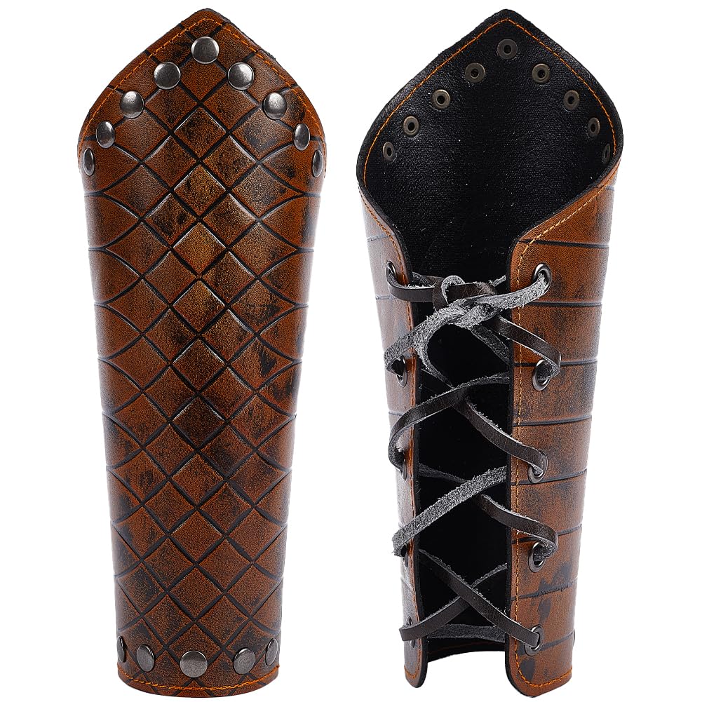 GORGECRAFT 2PCS Leather Gauntlet Wristband Medieval Leather Arm Guards Retro Grain Embossing Leather Bracers Adjustable PU Leather Arm Armor Cuff for Halloween Knight Cosplay Costume, Saddle Brown