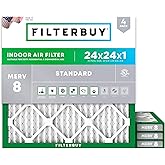 Filterbuy 24x24x1 Air Filter MERV 8 Essential Dust & Allergy Defense (4-Pack), Electrostatic Pleated HVAC AC Furnace Filters Replacement, Made in USA (Actual Size: 23.38 x 23.38 x 0.75)