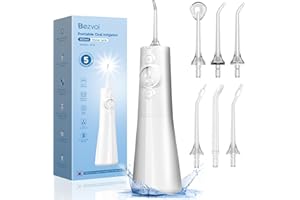 Bezvoi Water Dental Flosser Cordless: Professional Water Floss LED Display 5 Modes, 300ML Water Tank, IPX7 Waterproof Portable Oral Irrigator with 6 Jet Tips for Travel, Home (White)
