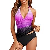 Yonique Womens Two Piece Swimsuits Tummy Control Tankini Plus Size Bathing Suit Halter V Neck Swimwear