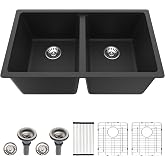 Dcolora 33 inch Quartz Matte Black Granite Composite Double Bowl Undermount Kitchen Sink Basin Deep 50/50 Split, DC-GU7761