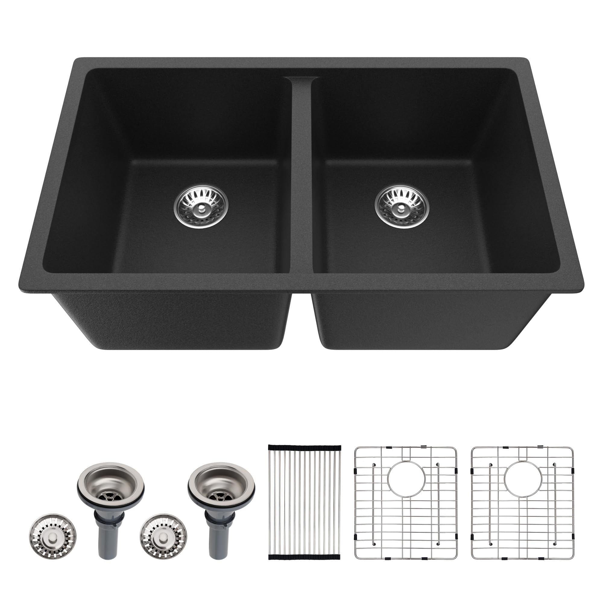Photo 1 of Dcolora 33 inch Quartz Matte Black Granite Composite Double Bowl Undermount Kitchen Sink Basin Deep 50/50 Split, DC-GU7761