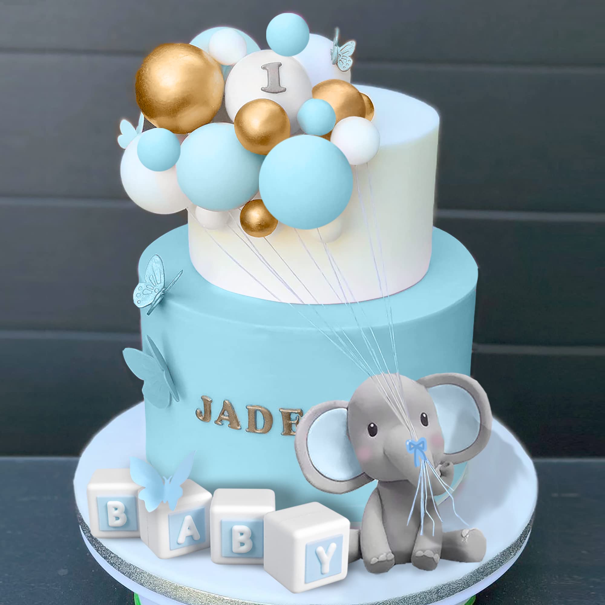 Photo 1 of Elephant Cake Decoration Mini Elephant Cake Topper Blue BABY Letter Cake Toppers Gold Blue White Pearl Ball for Baby Shower Boy Elephant Theme Birthday Party Supplies (BLUE)
