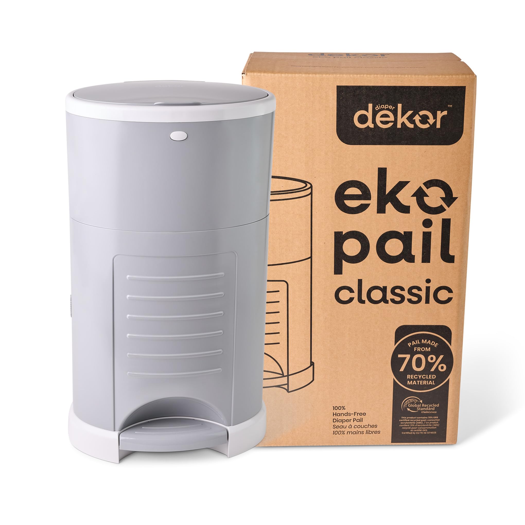 Diaper Dekor EKO Classic Diaper Pail, Gray | ONLY Eco-Friendly Diaper Pail Made with 70% Recycled Materials | Hands-Free: Step–Drop–Done | Cost-Effective Refill System