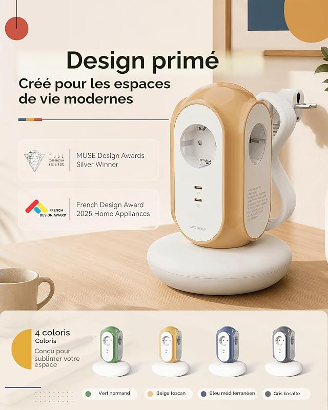 Multiprise Tour 3 Prises AC + 2 USB-C (30W), 3680W/16A, Protection 1420J, Base Anti-basculement, câble 2 m, Protection Contre Les surcharges, Compatible Type C/E/F (Vert Normandie)