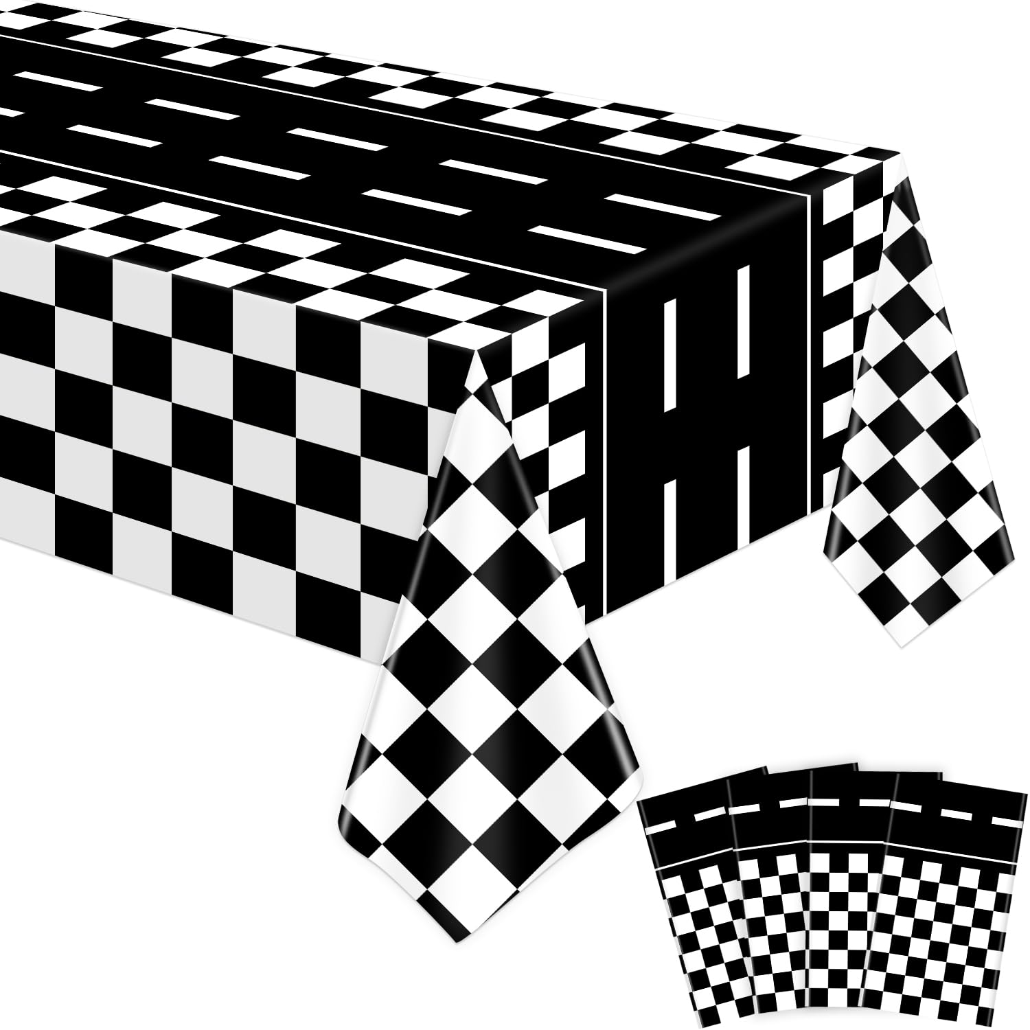 FVEOCR 4Pcs Race Car Party Tablecloths Black and White Checkered Stripes Racing Theme Table Cover Touchdown Table Cloth for Boys Birthday Baby Shower Home Decor 86X51IN