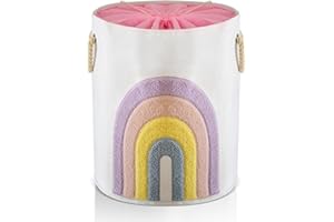 INough Baby Laundry Basket Pink Baby Hamper, Canvas 58L XL Baby Clothes Basket with Drawstring Closure Girl Laundry Hamper for Nursery Toy Baskets, Baby Girl Room Decor Boho (Rainbow)