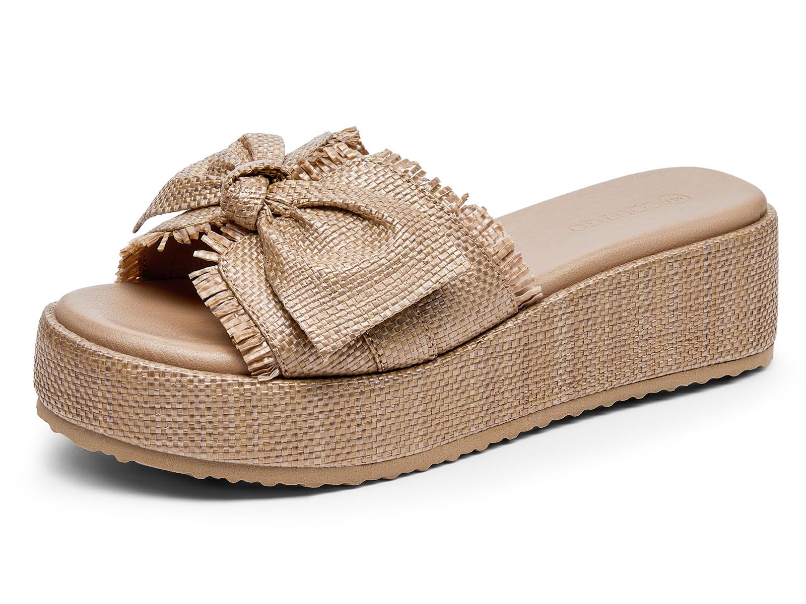 Photo 1 of Coutgo Womens Platform Wedge Sandals Bow Open Toe Slide Sandals Straw Slip On Summer Beach Shoes, Light Coffee, Size 6