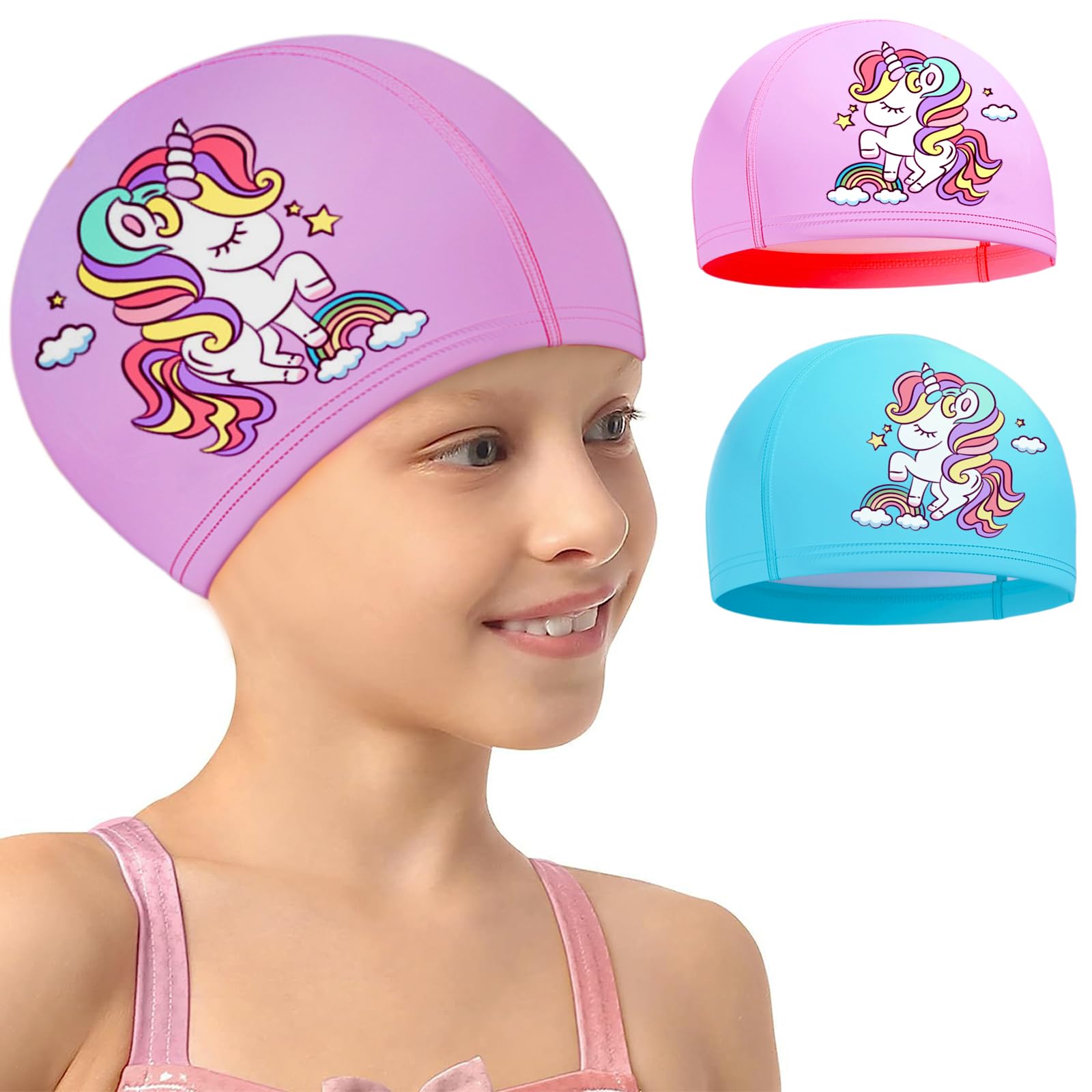 Echehi 2pcs Unicorn Swimming Cap for Kids, Waterproof Polyester Girls Swimming Cap