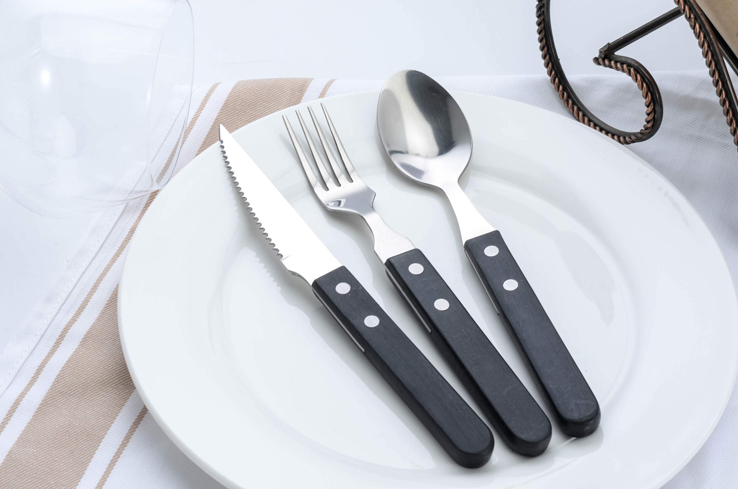 TaNaT 12 Pieces Wood Flatware Forks and Spoons Set Silverware Cutlery 18/0 Stainless Steel Flatware Set Black Wooden Handle Tableware Utensils Service for 4,Set of Silverware,Smooth Surface