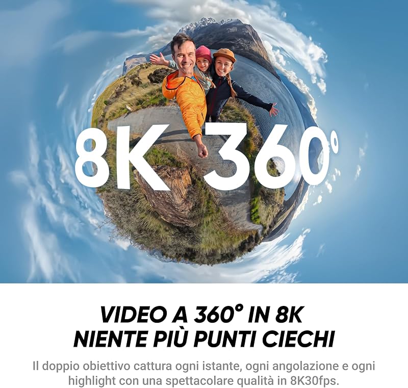 X4 Air, Videocamera 8K 360 leggera 165g, Selfie stick Invisibile, lenti sostituibili, cover antivento integrata, prima registri poi inquadri, Pack Starter