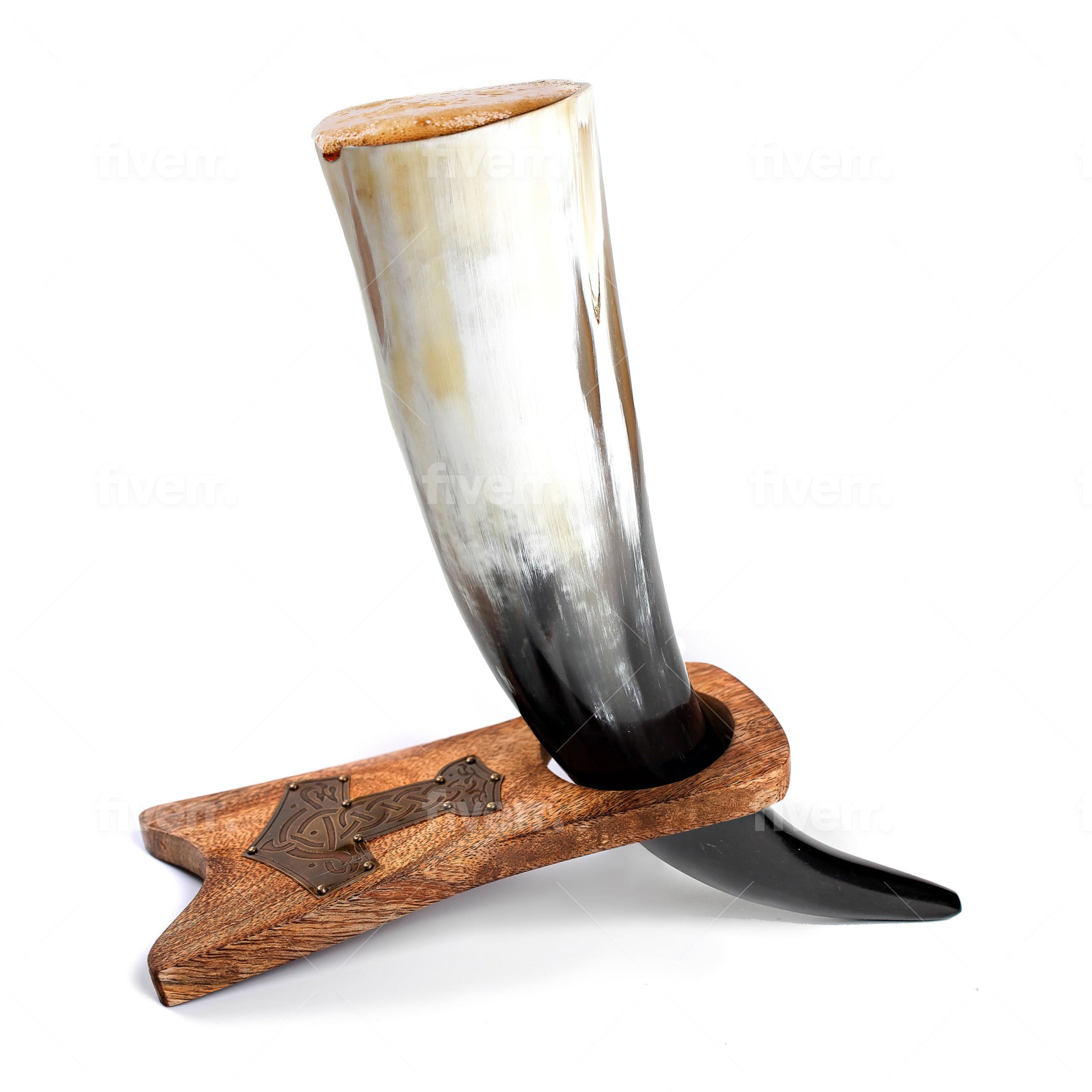 Norse Tradesman Genuine 50 cm Ox-Horn Viking Drinking Horn with Solid Wood Stand Engraved with Thor's Hammer | Burlap Gift Sack Included | Natural, High Polish, 50 cm