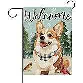 Dyrenson Welcome Winter Corgi Dog Decorative Garden Flag, Snowy Forest Cardinal Yard Outside Home Decoration Pet Owner Lover Gift, Christmas Snowflake Burlap Outdoor Small Decor Double Sided 12 x 18