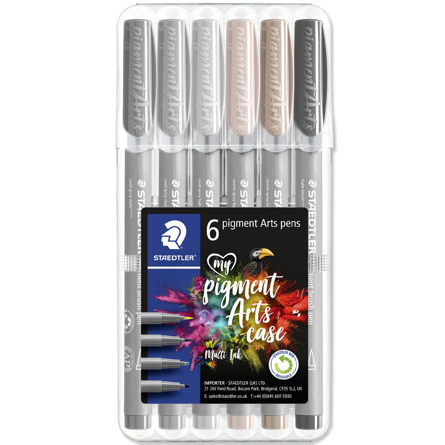 STAEDTLER 371 Pigment Brush Pens | Pigment Arts | Adult Colouring Fibre-Tip Colouring Pen | Medium-Firm Nylon Brush Tip Nib (Grey Wallet of 6)