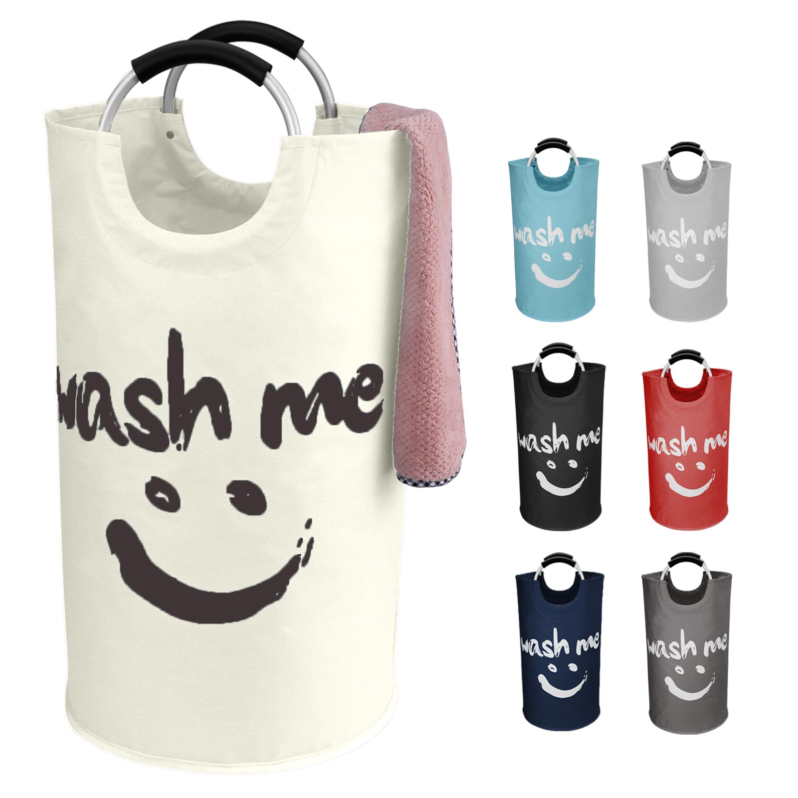 IHOMAGIC 95L Foldable Laundry Basket for Adults, Large Laundry Bags with Smiley Face, Portable Washing Hamper with Handles, Freestanding Washing Baskets for Family, College Students, Beige