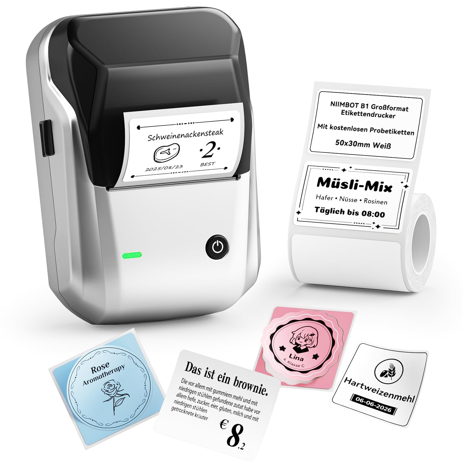 NIIMBOT B1 Etikettendrucker mit Wasserfeste Etiketten Selbstklebend, Tragbarer Beschriftungsgerät Bluetooth Label Printer Aufkleber Drucker für Barcode, Schulbedarf, Logo, Adresse, Silber