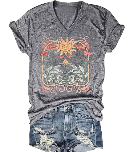 Women's T-Shirts V-Neck Dandelion Print Short Sleeve Casual Tee