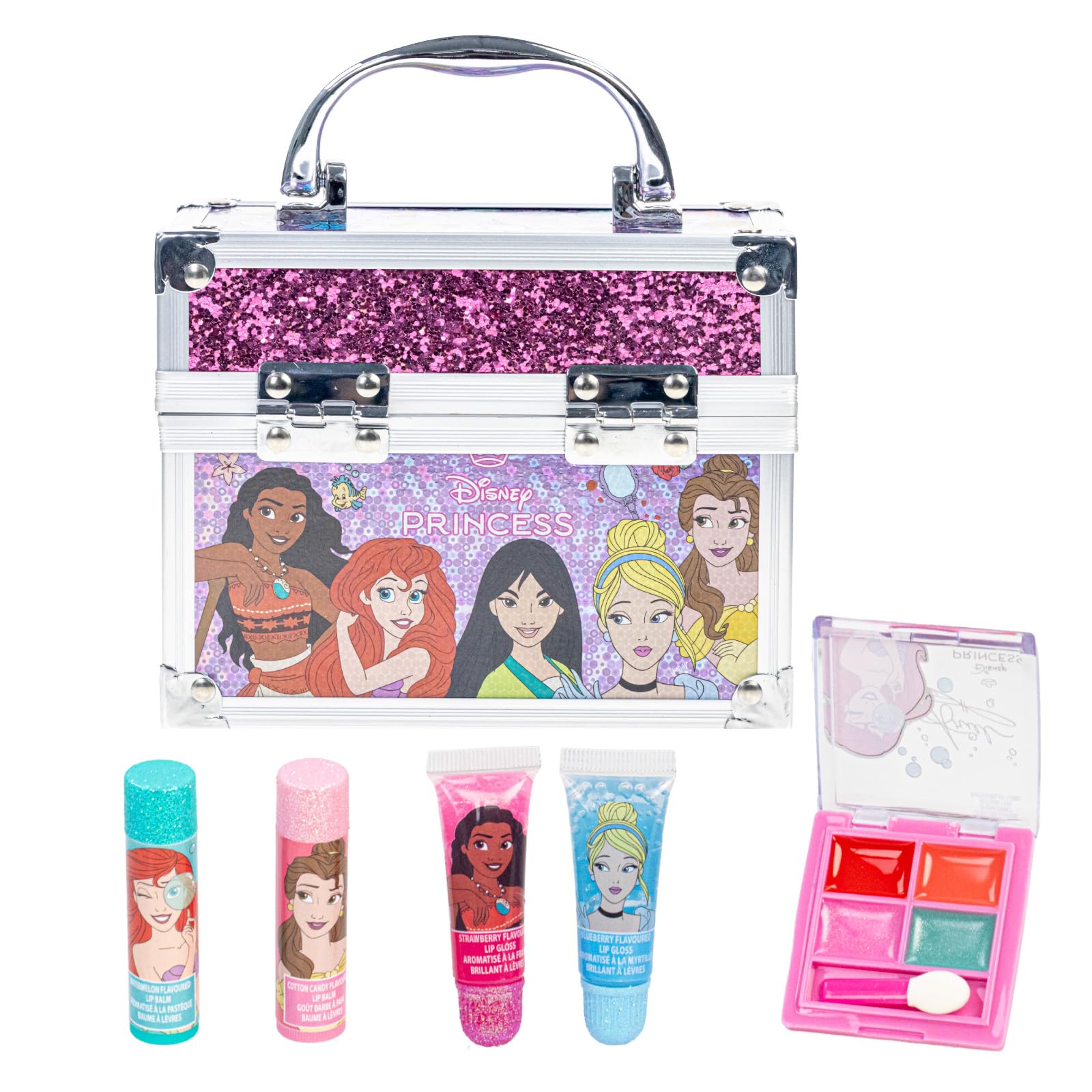 Disney Princess Beauty Mini Train Case Set Includes Lip Gloss Tube, Lip Balm, Lip Gloss Compact for Girls Party, Sleepovers by Townley Girl