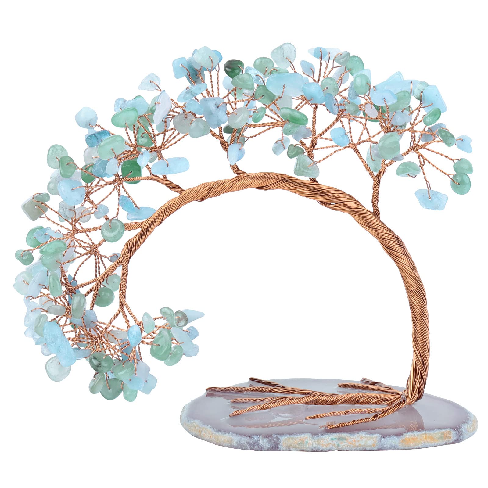 Nupuyai Green Aventurine & Aquamarine Crystal Tree with Agate Slice Base, Money Tree Figurines Fengshui Ornament for Home Office Wedding Decoration