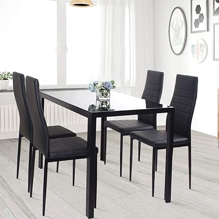 Dining Table And Chairs Glass Black Dining Table And Set Of 4 High Back Black Pu Chairs Home Furniture Amazon Co Uk Kitchen Home