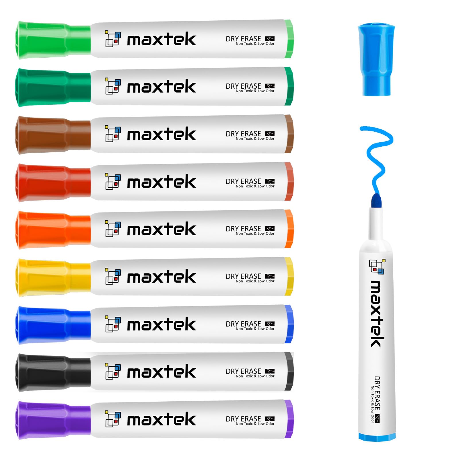 maxtek Whiteboard Markers Bullet Tip, Dry Wipe Pens for White board Flip Chart, Low Odor Whiteboard Pens, White Board Markers Erasable for School Office Home - Assorted Colours (Pack of 10)