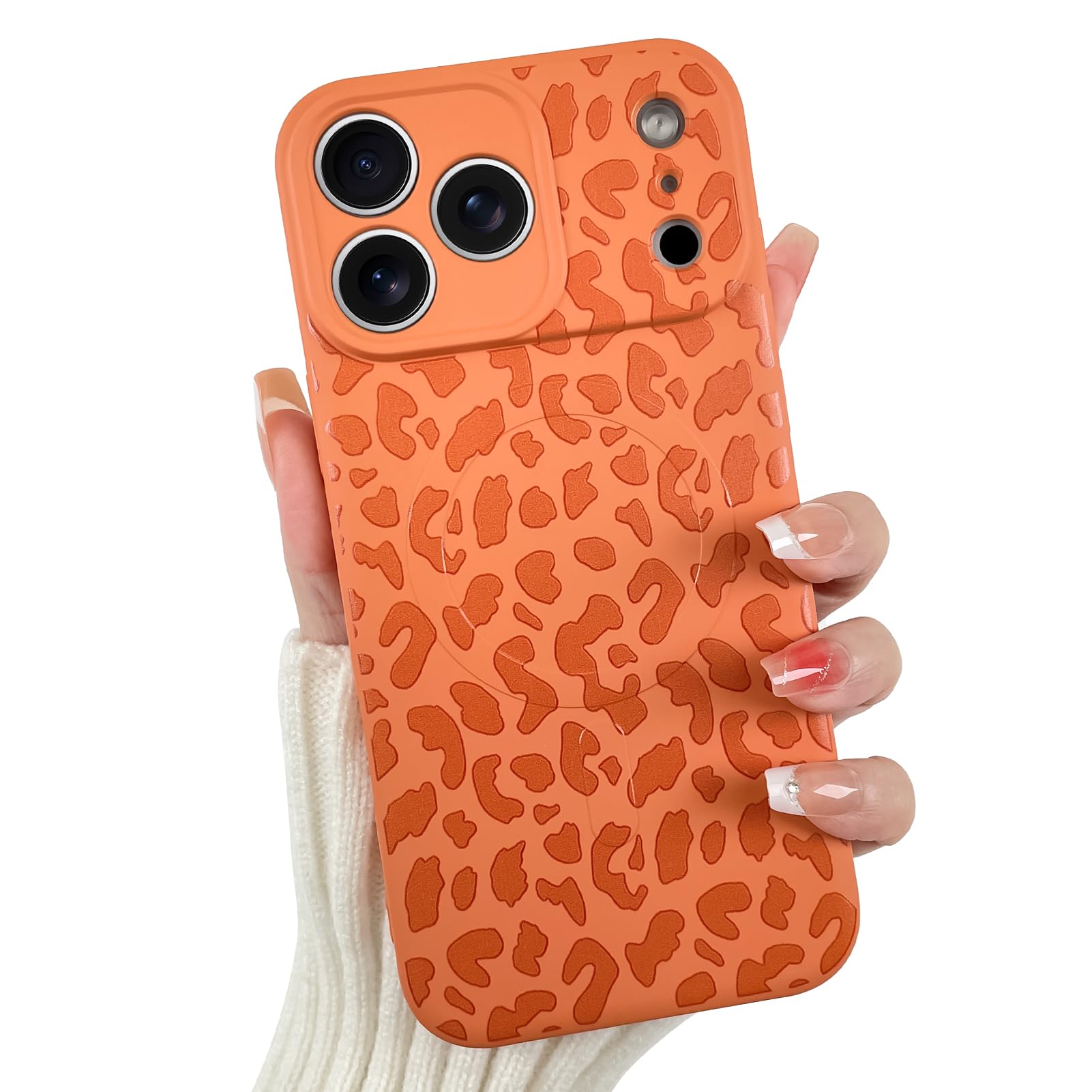 OOK Magnetic for iPhone 17 Pro Case, Silicone Orange Leopard Cute Pattern, Compatible with MagSafe Cheetah Print Camera Protection Shockproof Slim Phone Case for 6.3inch, Orange