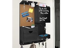 HEKOOLA Key Holder Wall Mount， Mail Organizer Key Holder for Wall with Shelf, Drawer, Chalkboard, Corkboard, Home Decor Wall Mounted for Room Entryway (Black)