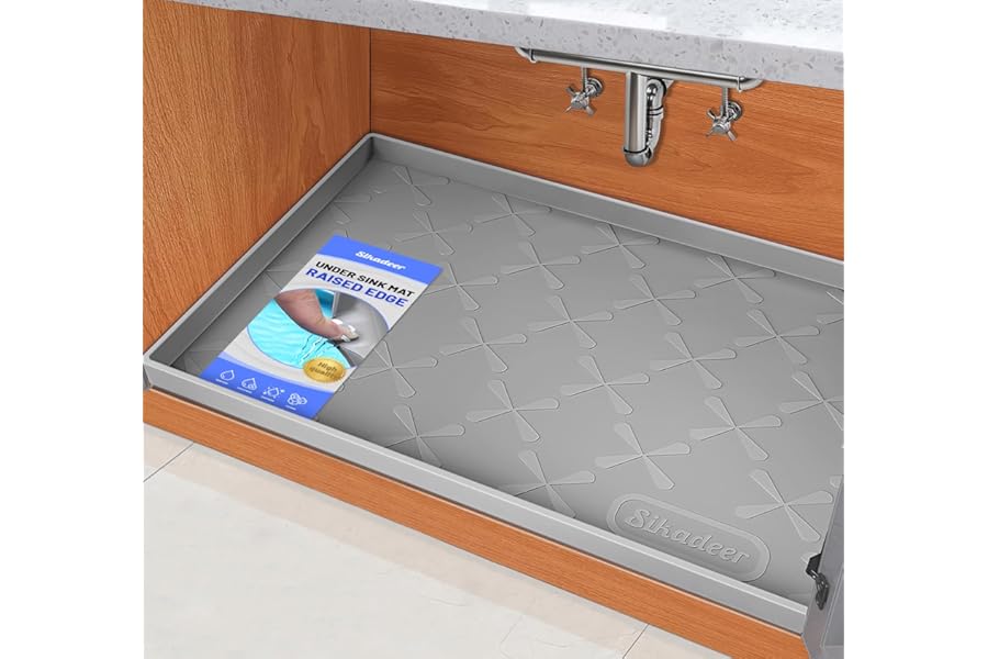SIKADEER Waterproof Under Sink Mat 34" x 22", Silicone Mat Kitchen liner | BPA-Free Silicone Tray with Raised Lip Protect Cab