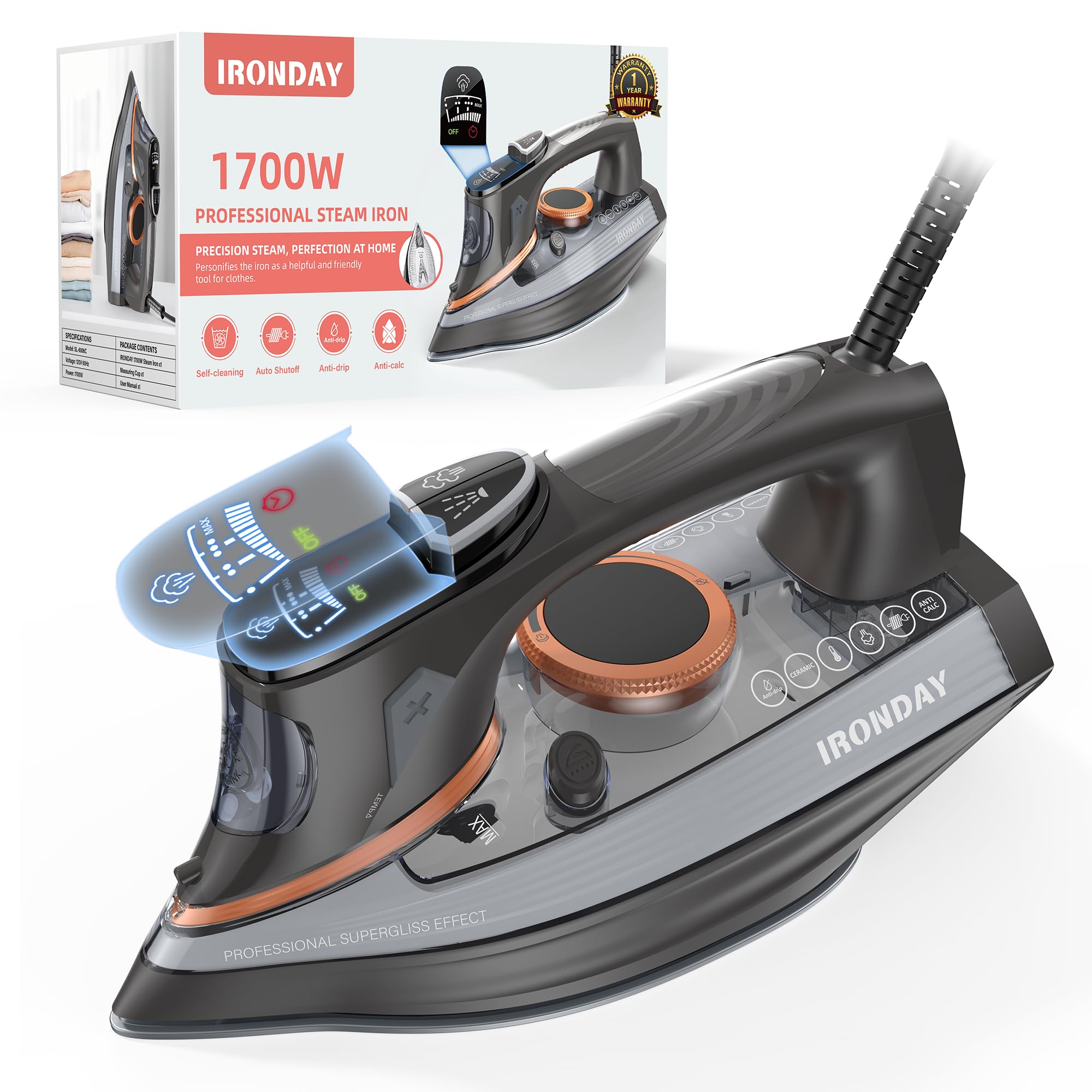 Photo 1 of *UNTESTED*
IRONDAY Steam Iron for Clothes with LCD Screen, 1700W Iron Non-Stick Ceramic Soleplate, Auto Shutoff, Self-Cleaning, Anti-Drip, Steam Burst, Spray Mist 10.14oz Water Tank Ironing Clothes for Home,Grey