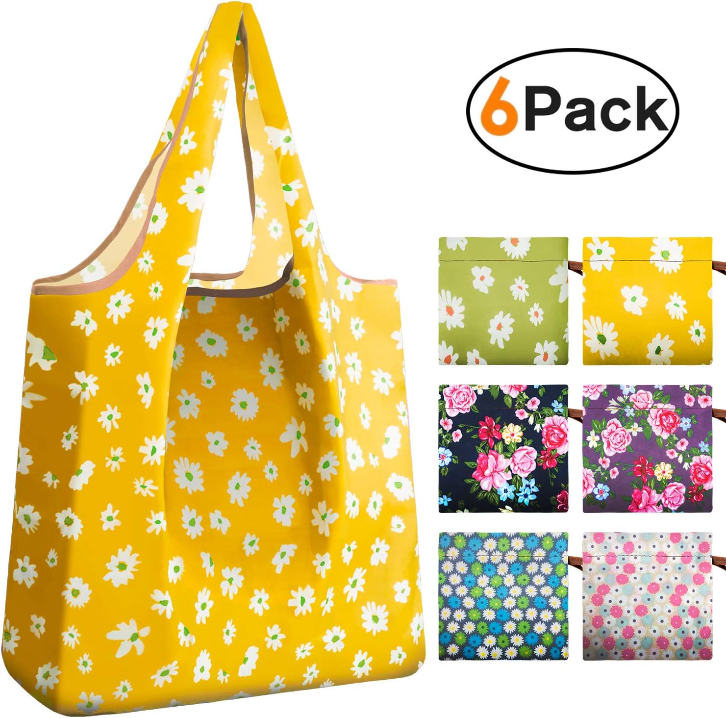 REGER Reusable Shopping Foldable Bulk Tote Bags One Piece Construction Attachment Pouch Eco Friendly Gift (Mix Flowers,Pack of 6)