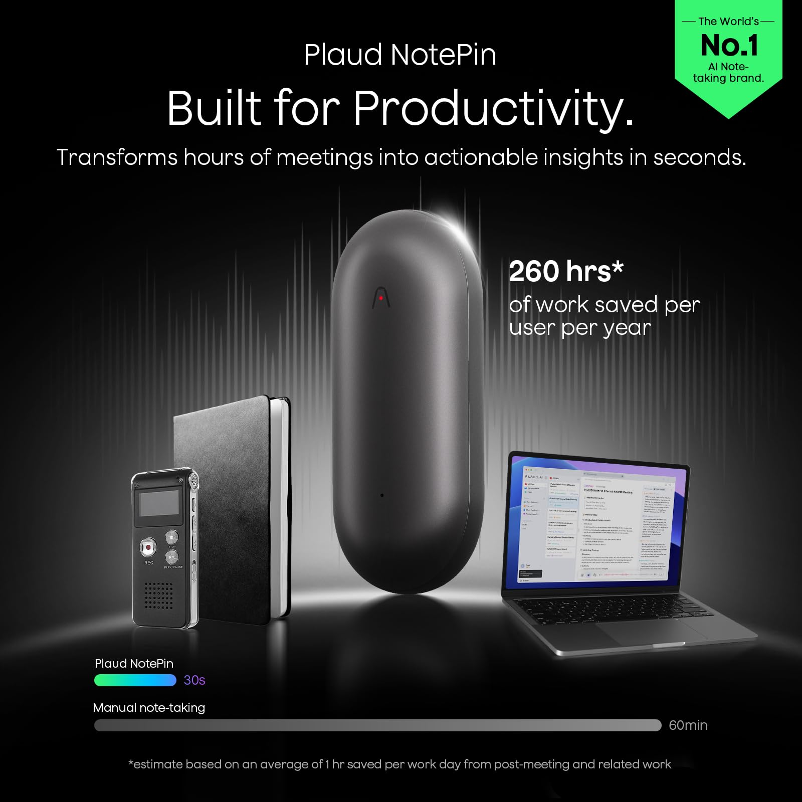 Plaud NotePin Voice Recorder, AI Voice Recorder, App Control, AI Notetaker, AI Transcribe & Summarize, Support 112 Languages, 64GB Memory, Audio Recorder for Lectures, Meetings, Cosmic Gray
