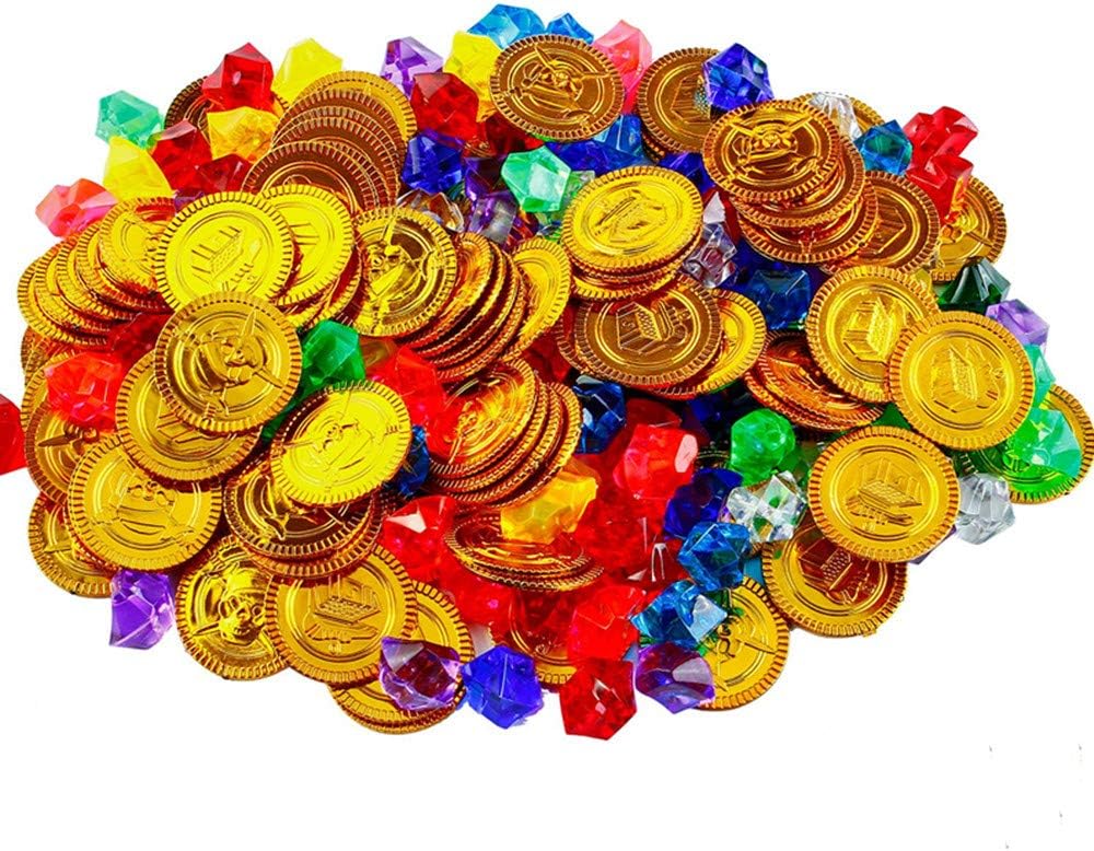 Rmeet Pirate Gold Coins and Diamonds,72 Pack Plastic Golden Coin+72 Pack Gems Jewelry for Kids Children Party Favor Supplies Games